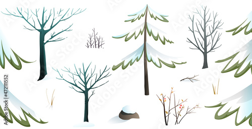 Naked trees in winter collection. Trees, bushes and grass covered with snow and snowdrifts. Vector illustration in watercolor style.