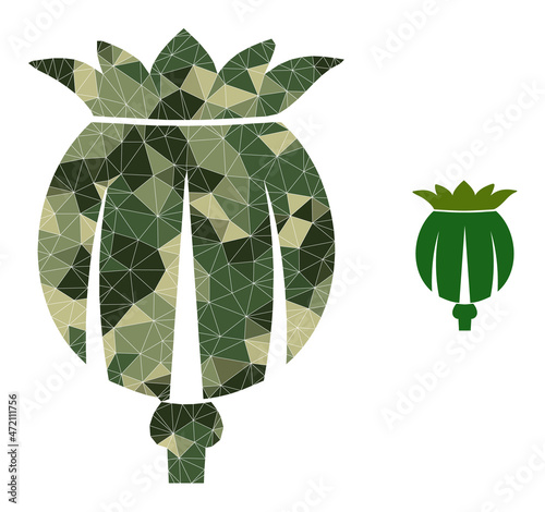 Camouflage low-poly collage opium poppy head icon. Low-poly opium poppy head icon is constructed of chaotic camouflage filled triangles. Vector opium poppy head icon created in camouflage army style.