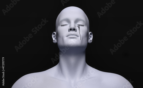 3D illustration of a male figure with his eyes closed and shedding tears  dark background 