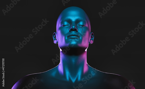 3D illustration of a male figure with his eyes closed and shedding tears, dark background, two-colored light.