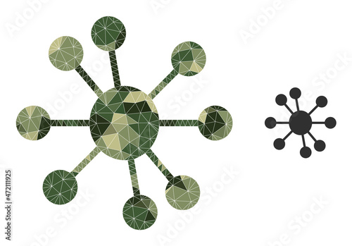 Camouflage low-poly mosaic node relations icon. Low-poly node relations pictogram designed of randomized khaki color triangles. Vector node relations icon designed in camo military style.
