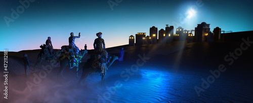 Fotografia Christian Christmas scene with the three wise men and shining star, 3d render il