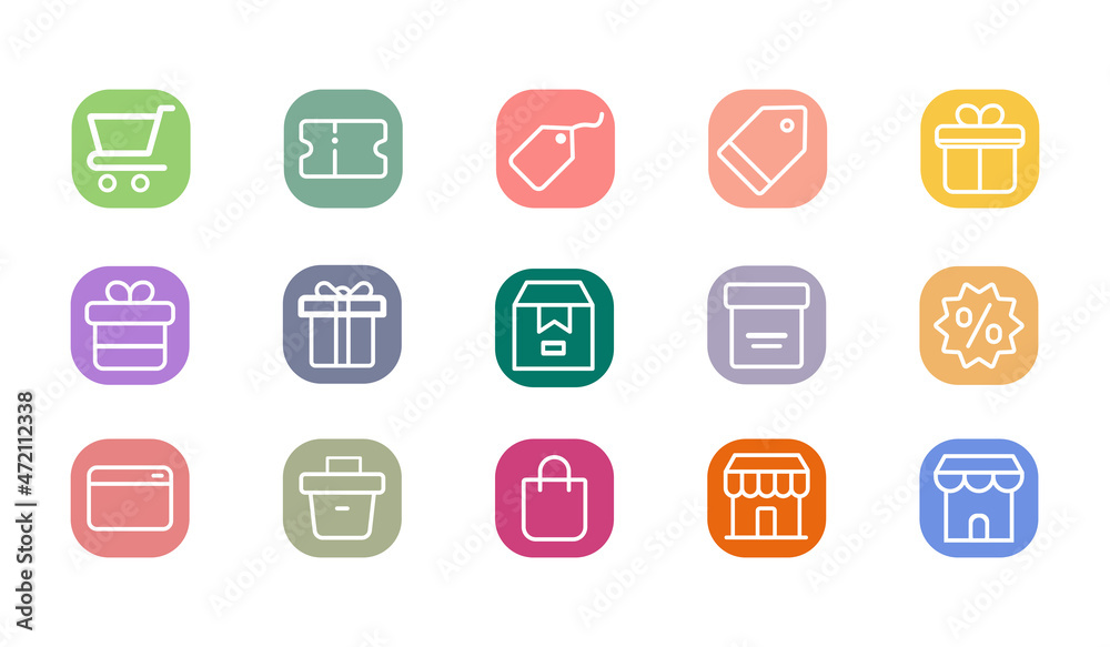 Collection of 15 Shopping Outline Icons With Rounded and Colorful Square. Thin Line Contains Such Icons as Shop Icons, Trolley, Shopping Bag and More. 