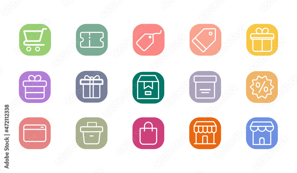 Collection of 15 Shopping Outline Icons With Rounded and Colorful Square. Thin Line Contains Such Icons as Shop Icons, Trolley, Shopping Bag and More. Collection of 15 Shopping Outline Icons With Rounded and Colorful Square. Thin Line Contains Such Icons as Shop Icons, Trolley, Shopping Bag and More.