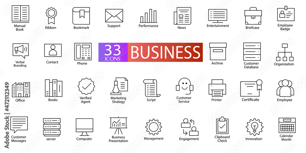 Collection of 33 Business Outline Icons. Thin Line Contains Such Icons as Support, Management, Contact and More. Usable for Business, User Interface, Web Icons or Mobile Phone Apps