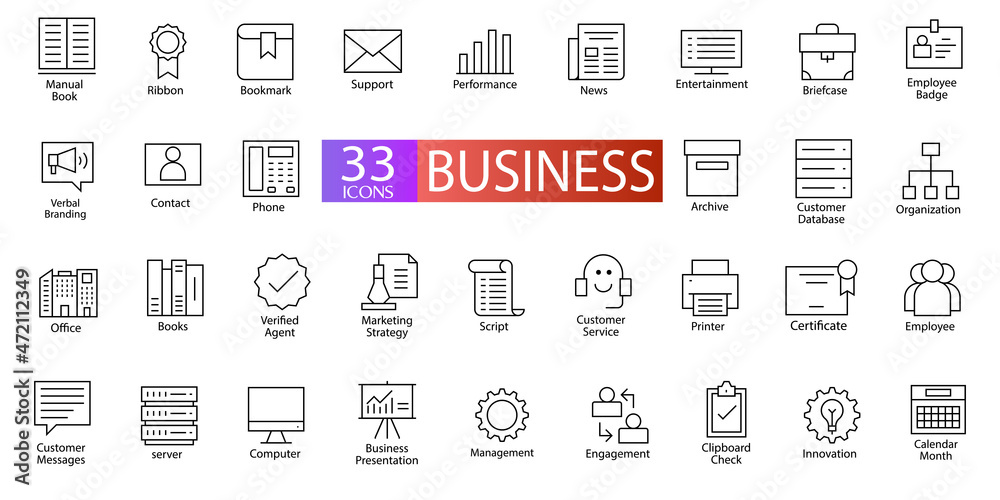Collection of 33 Business Outline Icons. Thin Line Contains Such Icons as Support, Management, Contact and More. Usable for Business, User Interface, Web Icons or Mobile Phone Apps Collection of 33 Business Outline Icons. Thin Line Contains Such Icons as Support, Management, Contact and More. Usable for Business, User Interface, Web Icons or Mobile Phone Apps