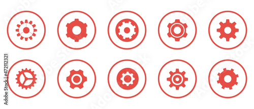 Set of 10 Setting or Gear red icons. Modern and simple icons with circles vector design