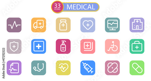 Collection of 33 Medical or Medicine Outline Icons With Rounded and Colorful Square. Thin Line Contains Such Icons as Hospital, Ambulance, Hand Sanitizer and More.