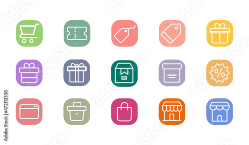Collection of 15 Shopping Outline Icons With Rounded and Colorful Square. Thin Line Contains Such Icons as Shop Icons, Trolley, Shopping Bag and More. 