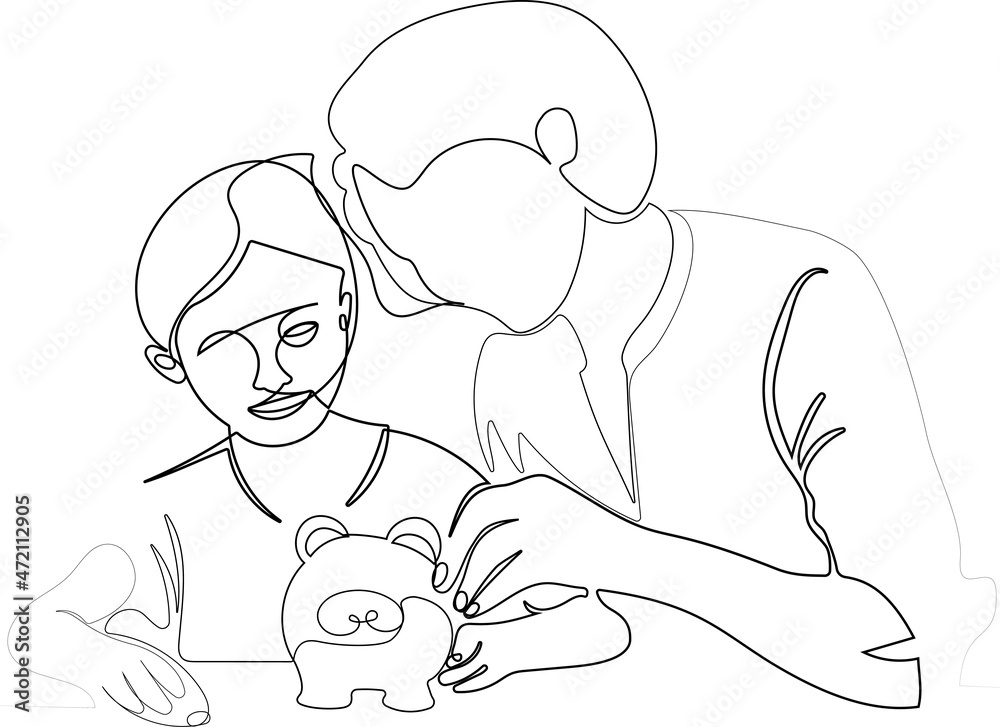 Young parent mother teach child little daughter girl to manage finances save money spend earnings with economy plan family budget. Vector illustration