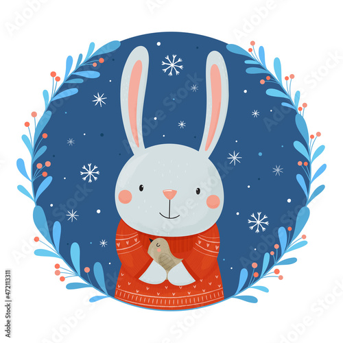 Holiday card template for New Year and Christmas holidays with cute bunny and bird.