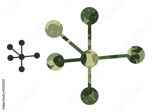 Camouflage low-poly mosaic node connections icon. Low-poly node connections icon designed from random camo colored triangles. Vector node connections icon designed in khaki army style.