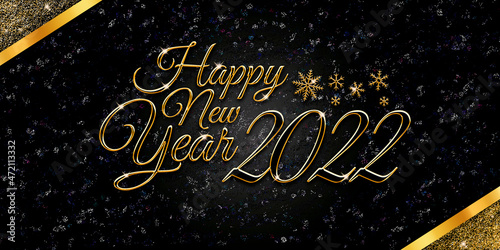 Happy new year 2022. Elegant text with golden letters and snowflakes on a black background with glitter and golden bows. Congratulatory picture. 