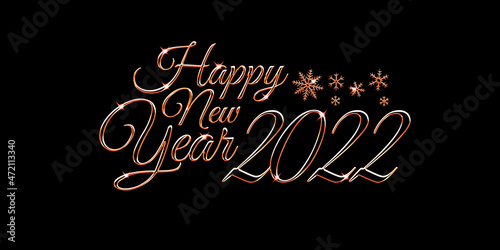 Happy new year 2022. Elegant text with golden letters and snowflakes on a black background. Congratulatory picture. 