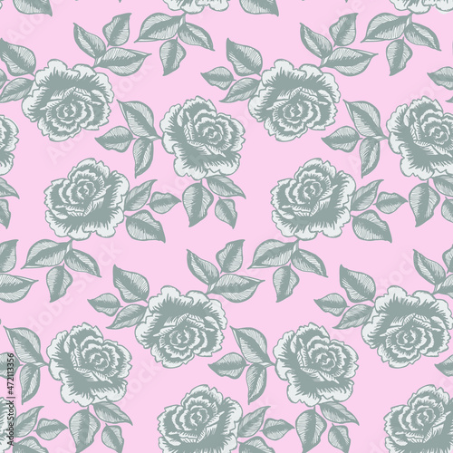 Pritty rose flower head with leaves  seamless pattern for textile or wallpaper. Cute pink and gray pattern for girl and romantic style 