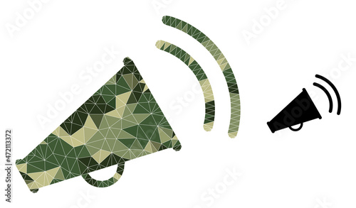 Camouflage triangle mosaic marketing horn icon. Low-poly marketing horn icon designed from random khaki color triangle parts. Vector marketing horn icon in camouflage army style.