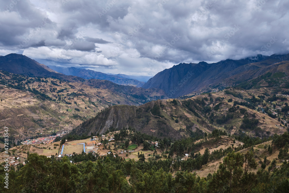 Panoramic view of the city of Chavin de Huantar in the province of Huari in the department of Ancash; photograph taken from the top of the town of Gaucho, observing the details of the town at the foot