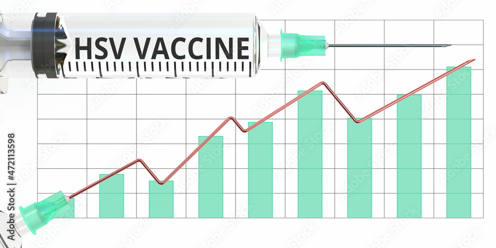 Syringe with HSV VACCINE text and conceptual rising graph. 3D rendering