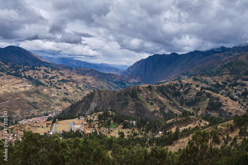 Panoramic view of the city of Chavin de Huantar in the province of Huari in the department of Ancash; photograph taken from the top of the town of Gaucho, observing the details of the town at the foot photo