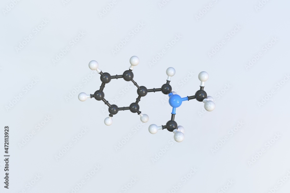 Benzyldimethylamine molecule, isolated molecular model. 3D rendering Benzyldimethylamine molecule, isolated molecular model. 3D rendering