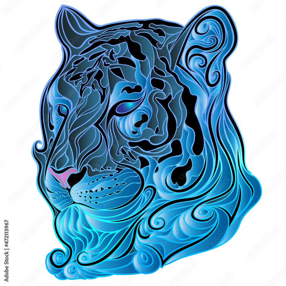 Blue water tiger zodiac. Year of the Tiger Chinese New Year 2022. Water  tiger head. Patterned head of magic tiger in tattoo style. Isolated vector  illustration. Stock Vector | Adobe Stock