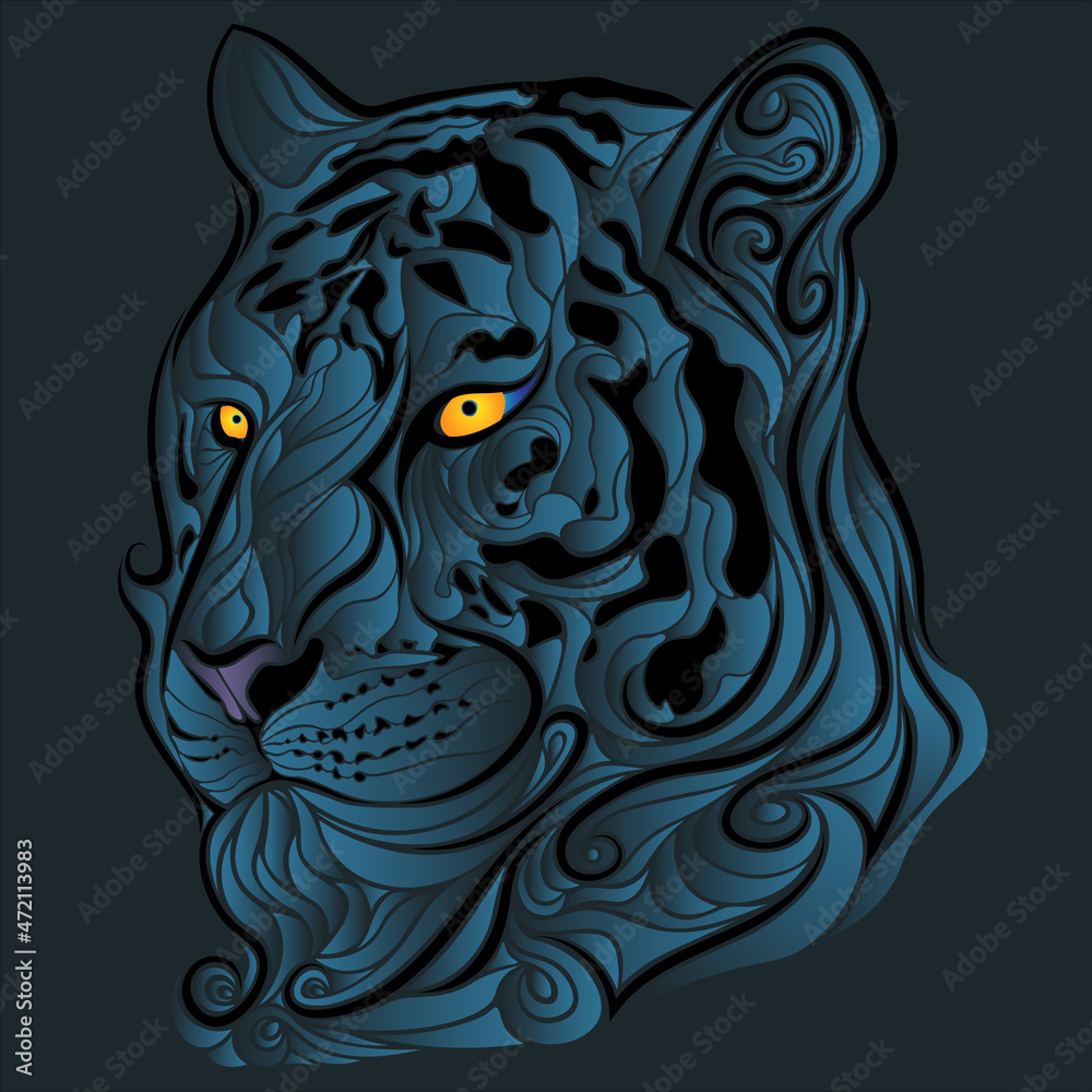 Panther character calm and wise with glowing eyes. Vitrage tatto style portrait of wildcat on dark backgroung. Vector illustration.