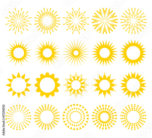 Set of yellow sunbursts or fireworks. Vintage or retro light explosion rays design elements. Stylized sun, graphic burst, sunrise, starburst or firecracker collection. Jpeg