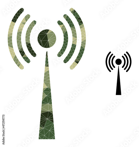 Camouflage lowpoly collage radio tower icon. Lowpoly radio tower icon combined with scattered camouflage filled triangles. Vector radio tower icon in camouflage army style.