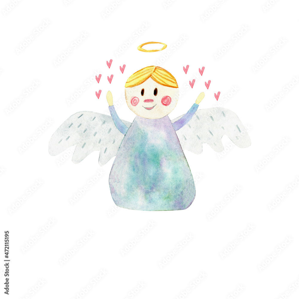 Illustration of cute angel with hearts . Illustration isolated on white backdrop. For print, cards, decor and design. 