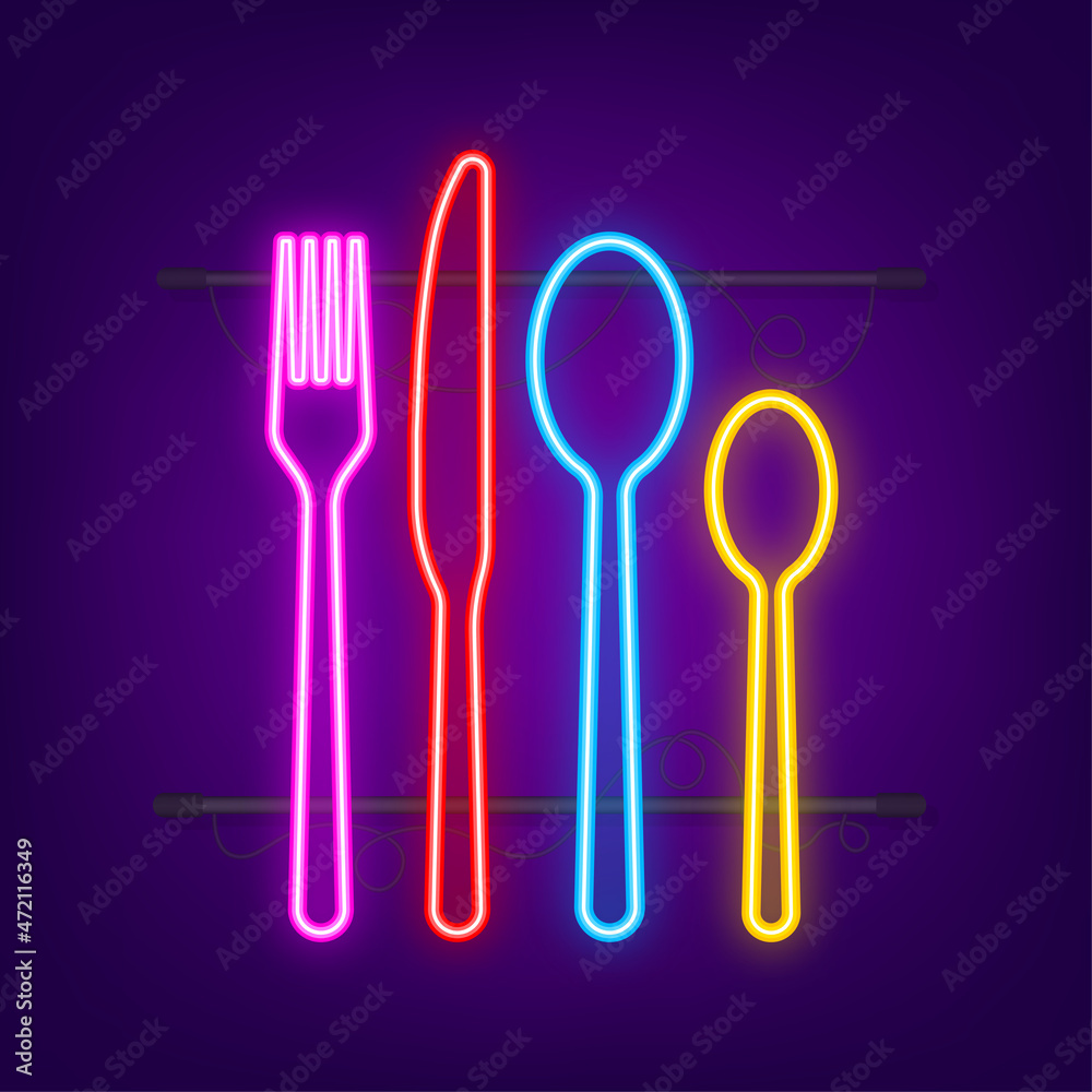 Spoon fork knife icon, restaurant symbol. Neon icon. Vector illustration Spoon fork knife icon, restaurant symbol. Neon icon. Vector illustration