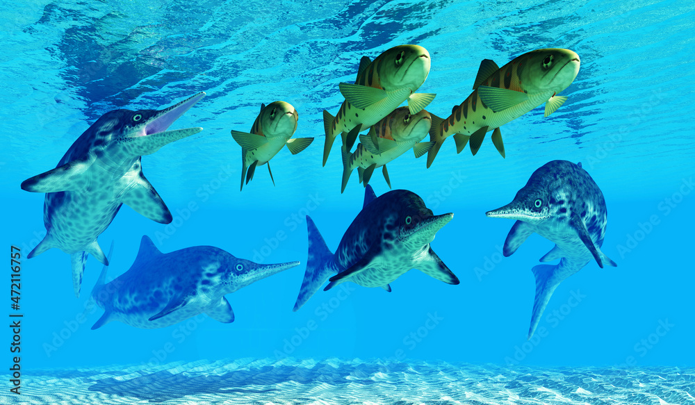 Naklejka premium Ichthyosaurs hunt Masu Salmon - A school of Masu Salmon try to evade a group of Ichthyosaurs during prehistoric seas.