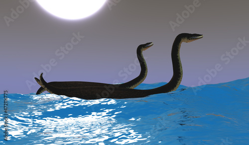 Plesiosaurus Ride Waves - Two Plesiosaurus carnivorous reptiles have fun riding ocean waves on a moonlit night. photo