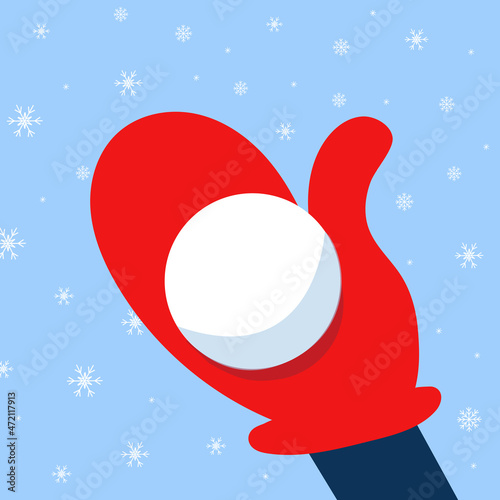 Winter entertainment on the street. Playing with snow in warm mittens. A character with a ball of snow in his hands in winter. illustration in cartoon style.
