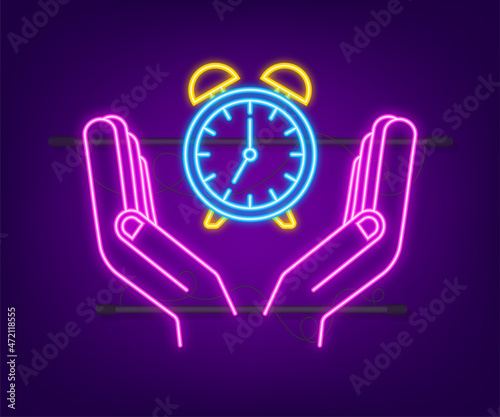 Alarm clock, wake-up time in hands on white background. Neon icon. Vector stock illustration
