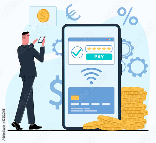 a man businessman holds a mobile phone and conducts a payment transaction online on a smartphone from a credit card via wi-fi around currency icons near coins money gold vector flat illustration