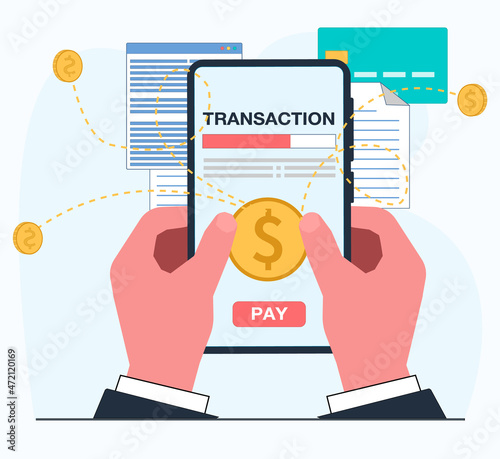 hands in a business suit are holding a smartphone with a mobile bank application payment is being made the transaction online  