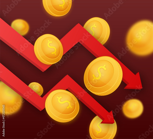 Money loss. Cash with down arrow stocks graph, concept of financial crisis, market fall, bankruptcy. Vector stock illustration