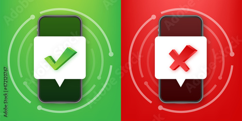 Hands holding smartphones with checkmarks set. Tick and cross check marks. Vector stock illustration