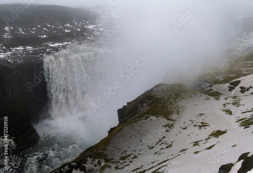 Picturesque full of water big waterfall Dettifoss autumn dull day view, north Iceland.