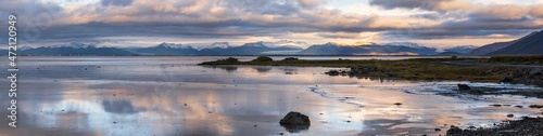 Sunrise Stokksnes cape sea beach, Iceland. Amazing nature scenery, popular travel destination.