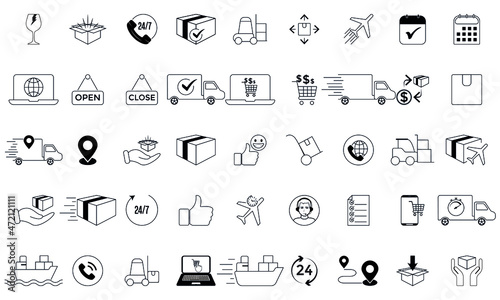 Delivery line icons set. Transport icons collection. Fast delivery, lead time, customer support, package, purchase, collect package, package delivery. Vector illustration. Editable Stroke