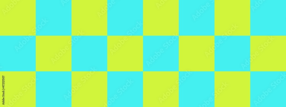 Checkerboard banner. Cyan and Lime colors of checkerboard. Big squares, big cells. Chessboard, checkerboard texture. Squares pattern. Background. Checkerboard banner. Cyan and Lime colors of checkerboard. Big squares, big cells. Chessboard, checkerboard texture. Squares pattern. Background.