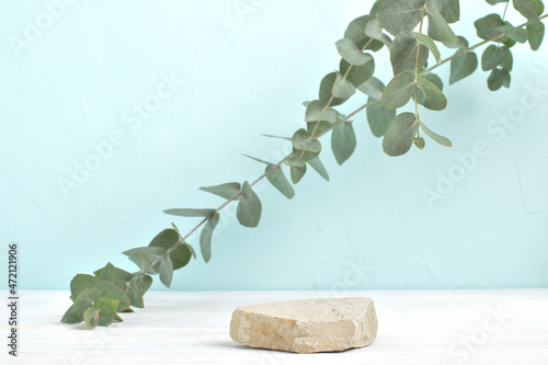 Minimalistic scene of natural stone with a branch of eucalyptus.