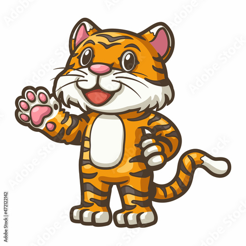 Fototapeta Naklejka Na Ścianę i Meble -  Waving hello is a cute tiger cartoon illustration. It can be used as part of the overall design.