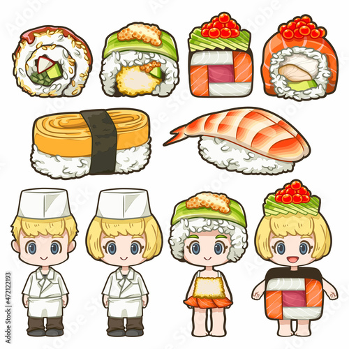 Pequeno Sushi Kawaii Com Rostos Bonitos Caracteres De Desenho Animado  Bonitos Para Logotipo, Adesivo, Pino, Emblema Ilustração do Vetor -  Ilustração de porcelana, japonês: 162865560