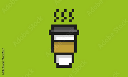 hot coffee paper cup green background pixel art 8 bits style coffee cartoon sleeves