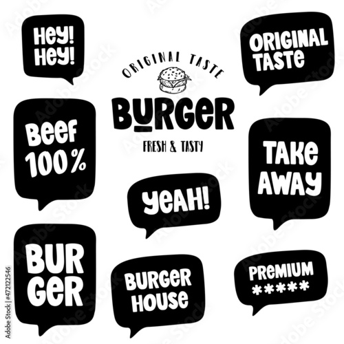 Burger house bubble text, vector illustration words. Doodle vector with short message for restauran, bistro, Burger house.