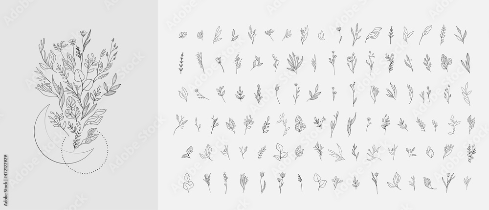Floral branch and minimalist flowers for logo or tattoo. Hand drawn line wedding herb, elegant leaves for invitation save the date card. Botanical rustic trendy greenery - obrazy, fototapety, plakaty 