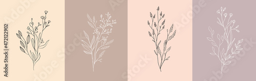 Floral bouquet. Hand drawn wedding branch herb, minimalist flowers with elegant leaves for invitation save the date card design. Botanical rustic trendy greenery vector