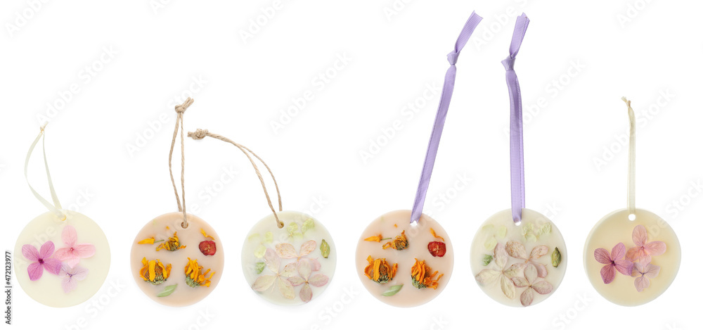 Beautiful scented sachets with dried flowers on white background, collage. Banner design